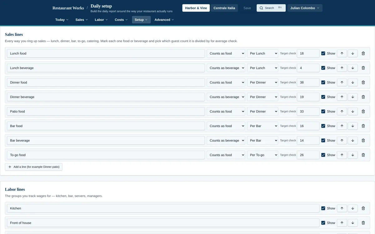 Daily report lines you can rename, reorder and remove