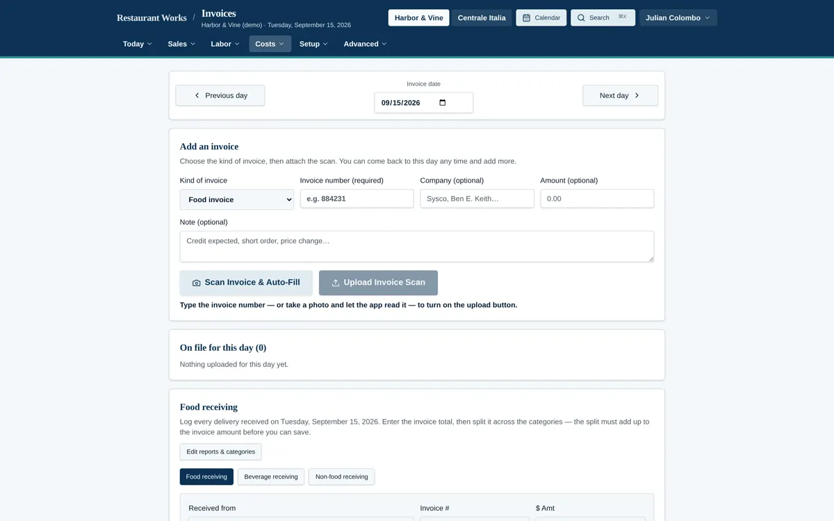 Invoice list with vendors and amounts