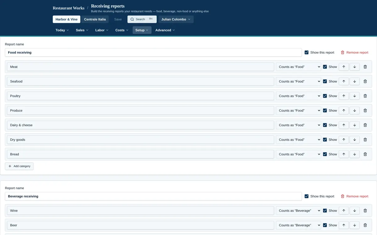 Receiving report with categories a manager fills in